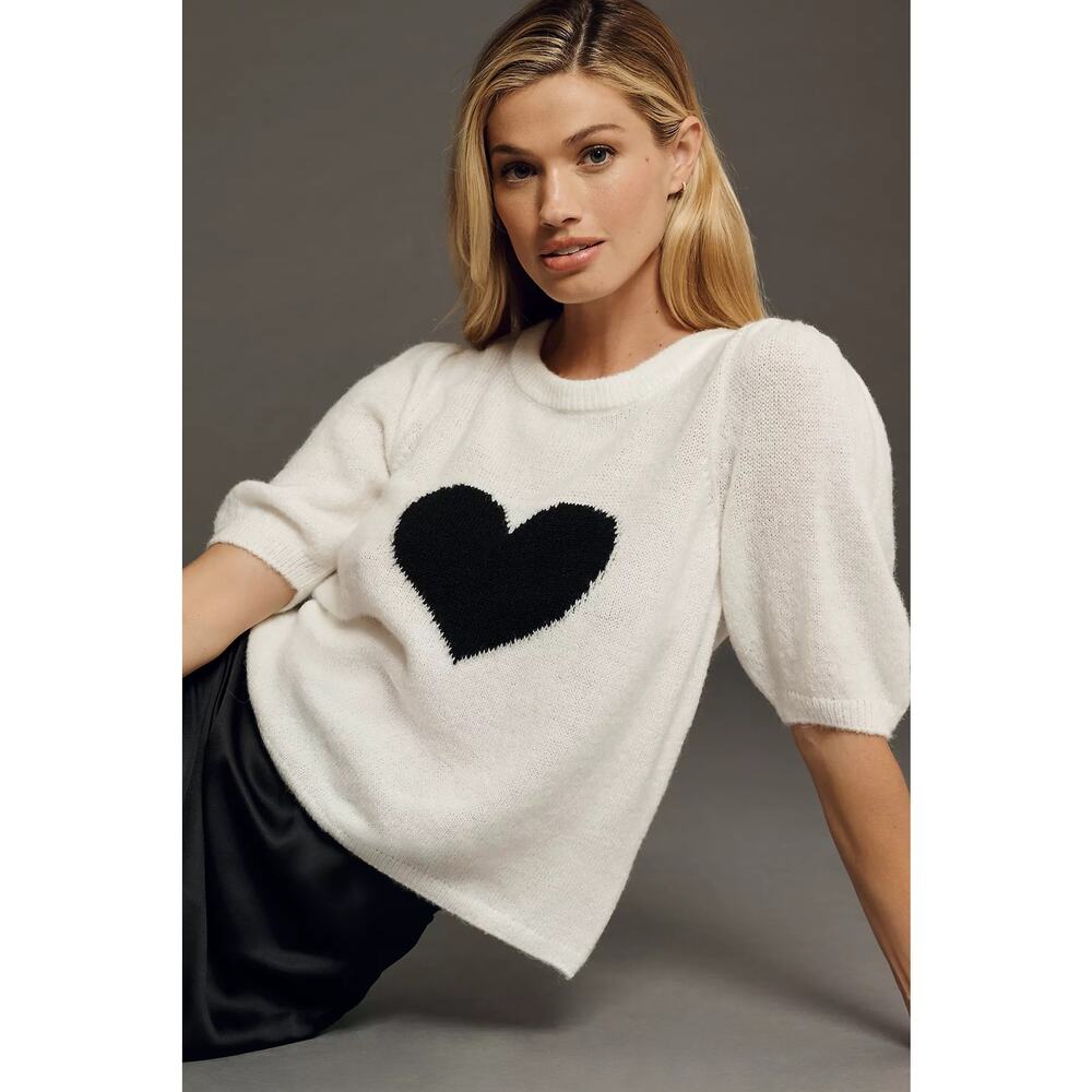 Maeve Heart Puff Sleeve Sweater Tee Anthropologie White Black SP